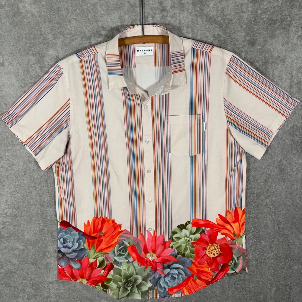 Mavrans Mens XL Short Sleeve Button Down Shirt Floral Stripe reCOCOBLEND Boho